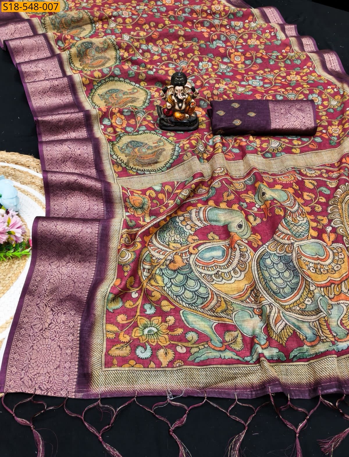 Maroon Fancy Linen Silk Printed Sarees