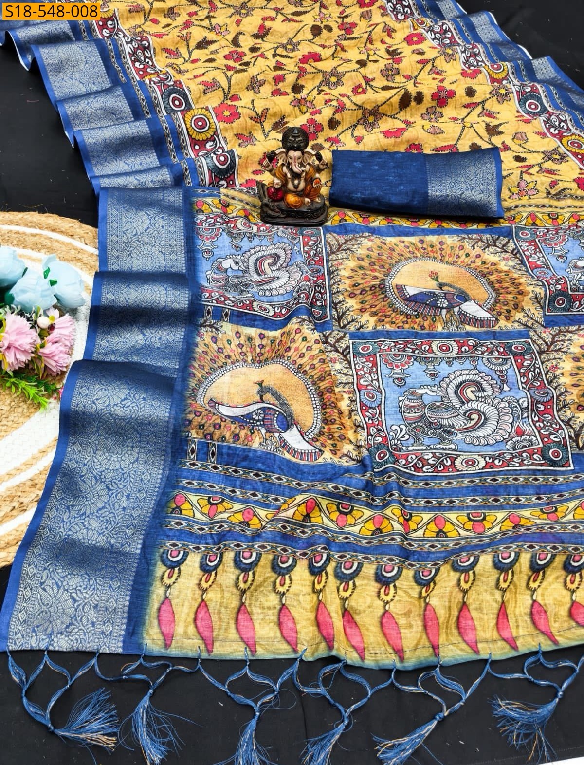 Yellow Fancy Linen Silk Printed Sarees