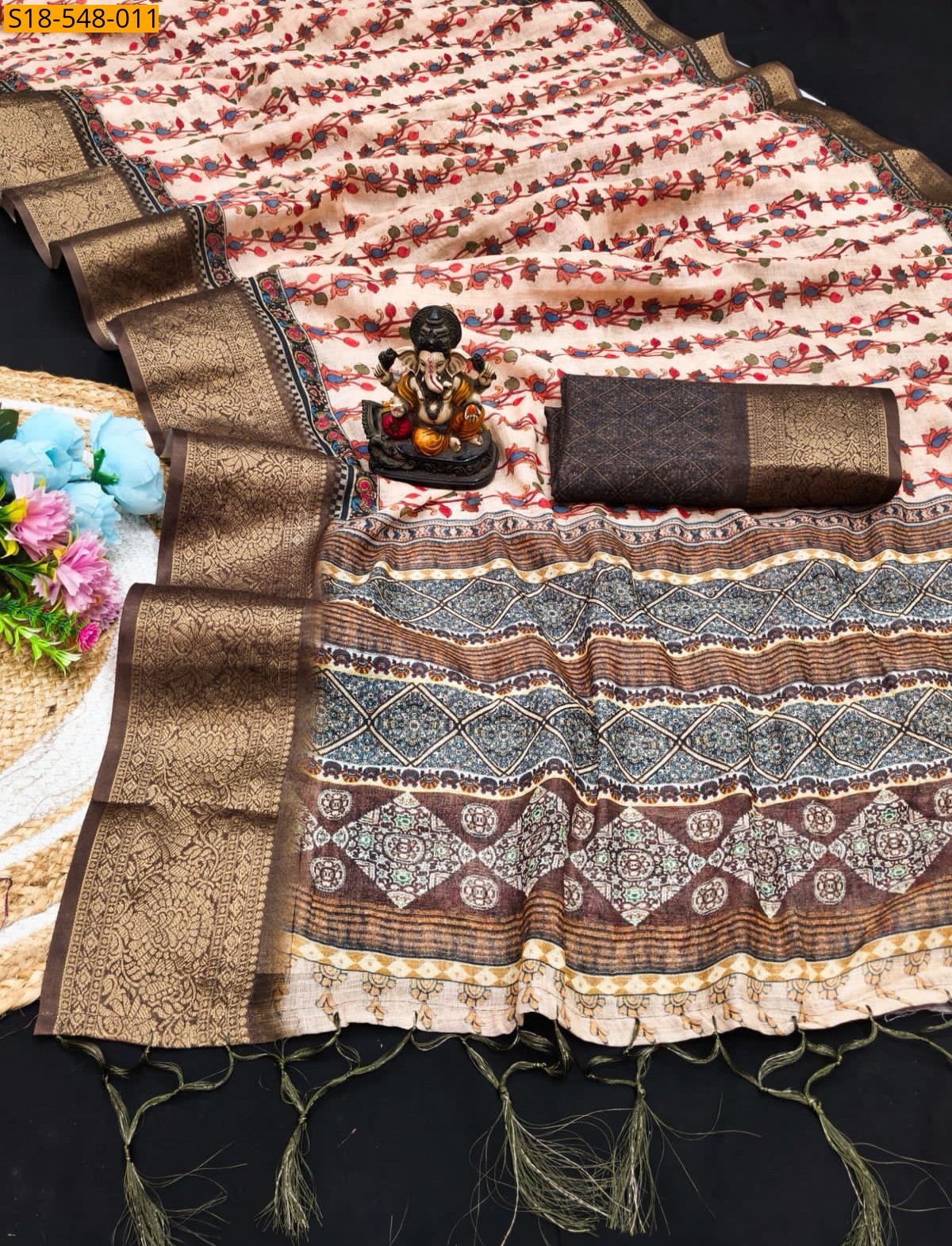 Half white Fancy Linen Silk Printed Sarees