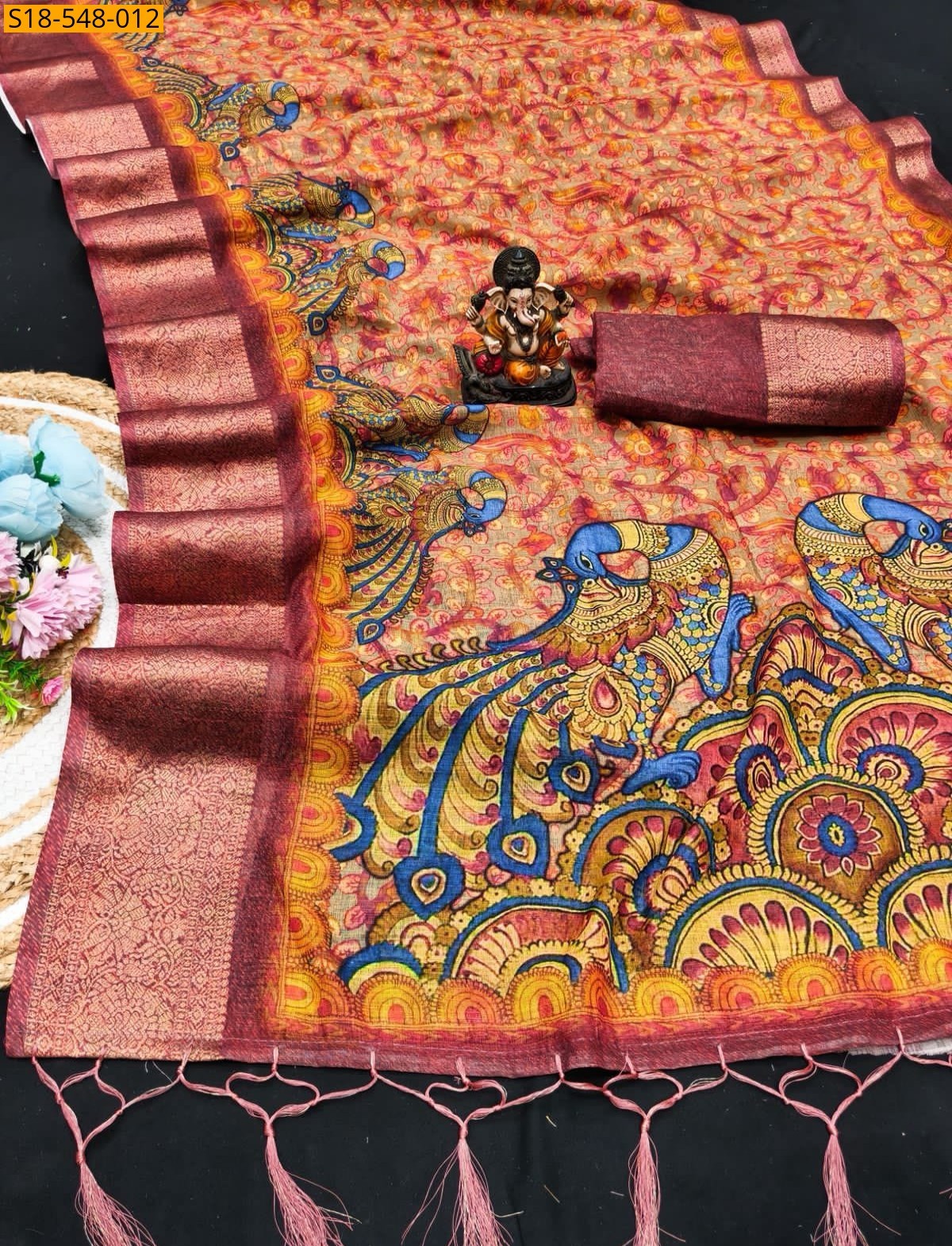 Orange Fancy Linen Silk Printed Sarees