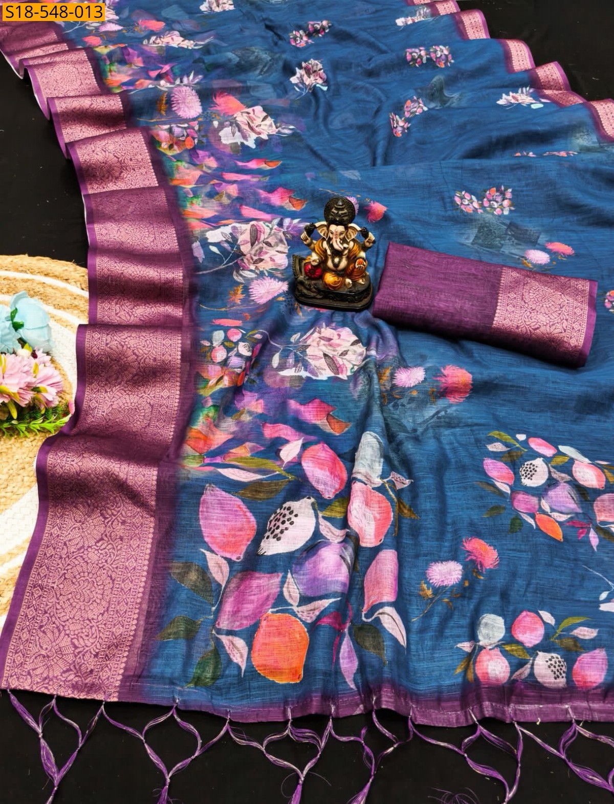 Blue Fancy Linen Silk Printed Sarees