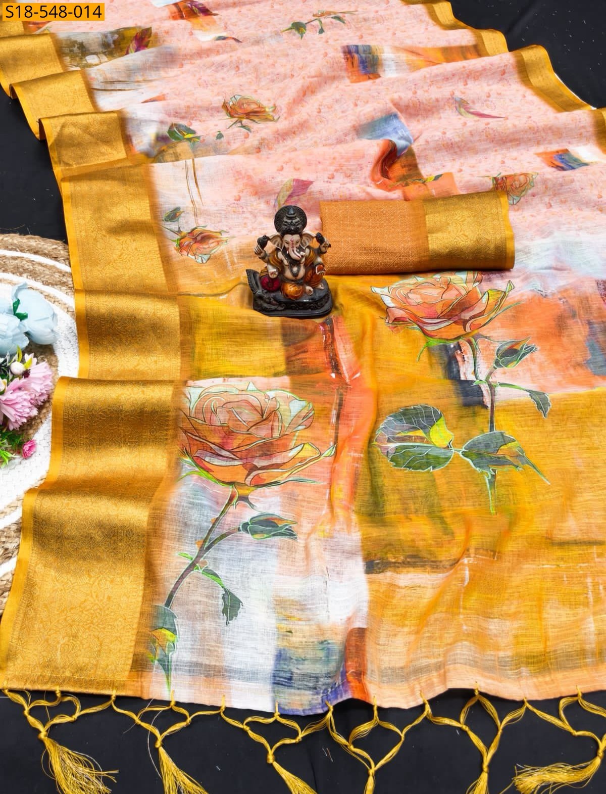 Sandal Fancy Linen Silk Printed Sarees