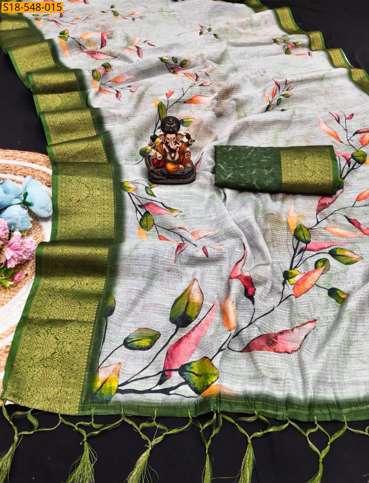 Green Fancy Linen Silk Printed Sarees