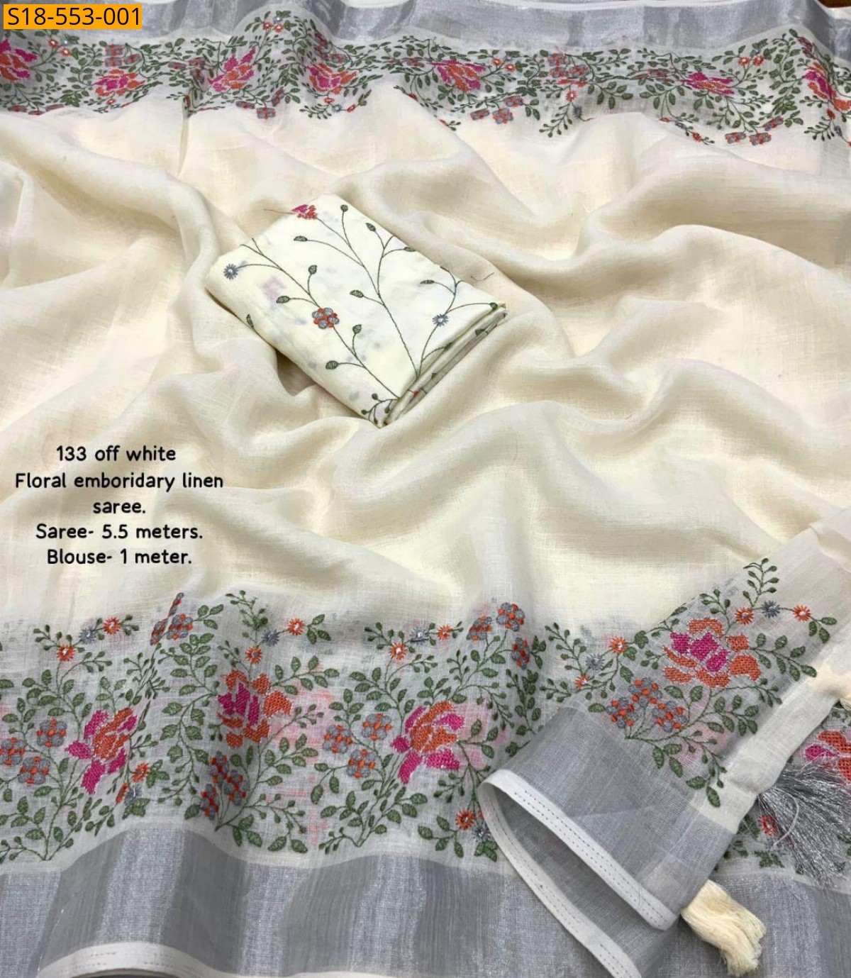 Half white Soft Linen Embroidery Sarees