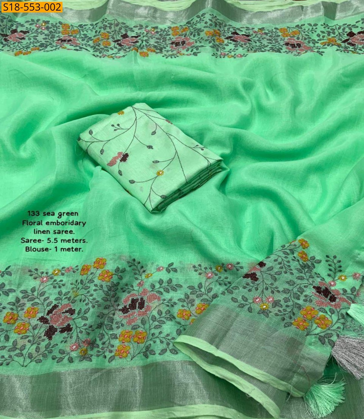 Sea Green Soft Linen Embroidery Sarees