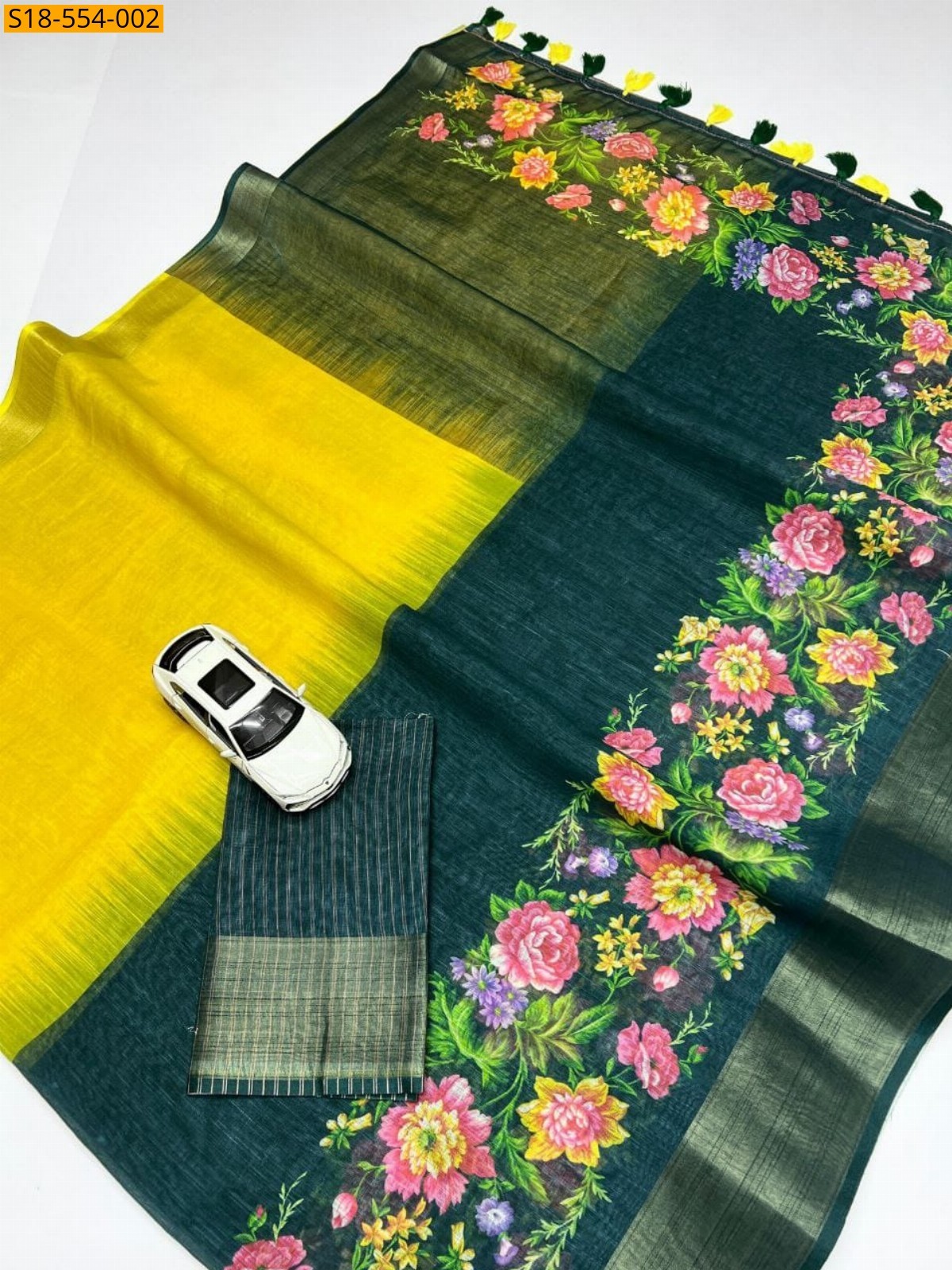 Yellow Fancy Soft Linen Printed Sarees