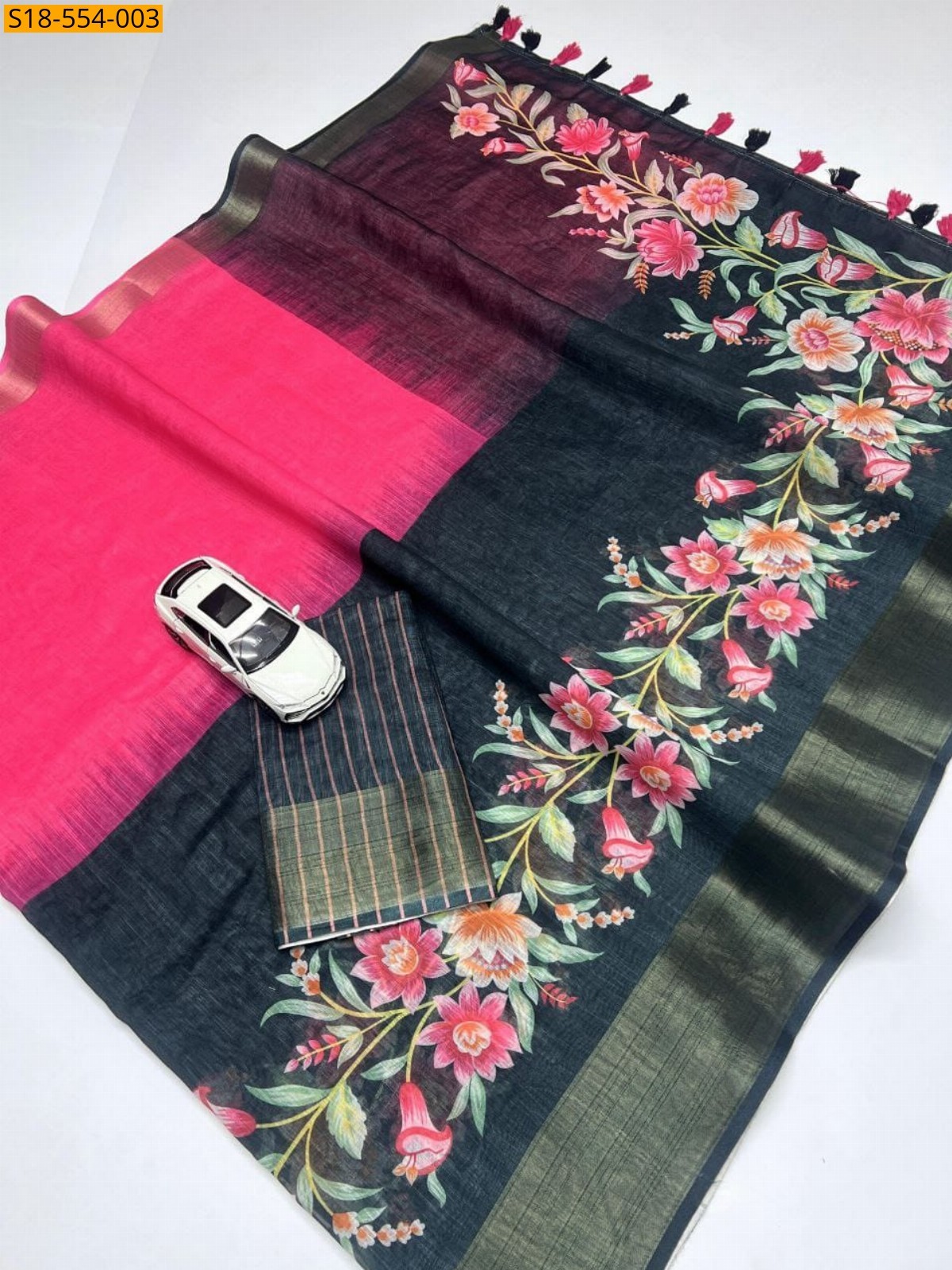 Pink Fancy Soft Linen Printed Sarees