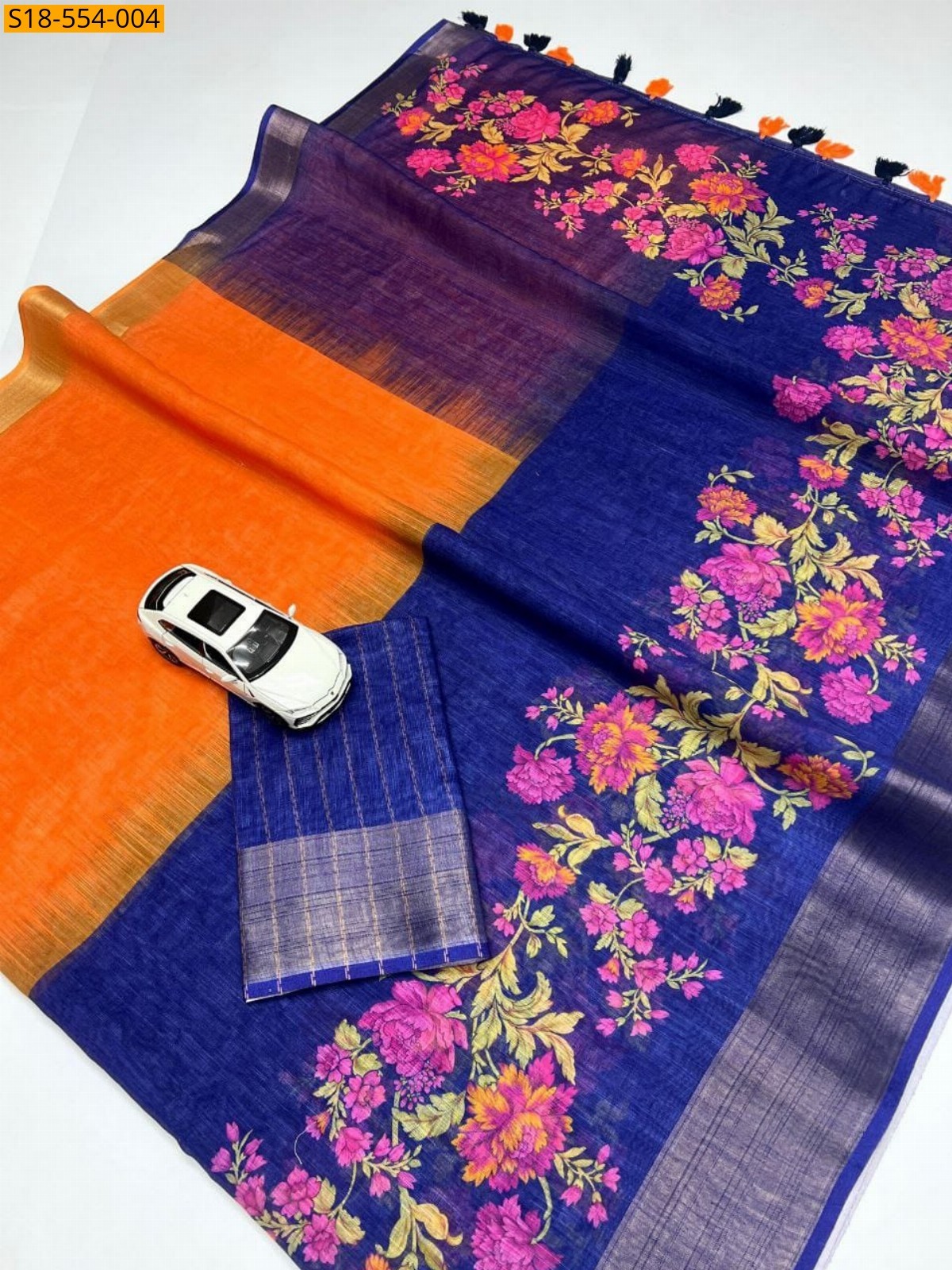 Orange Fancy Soft Linen Printed Sarees