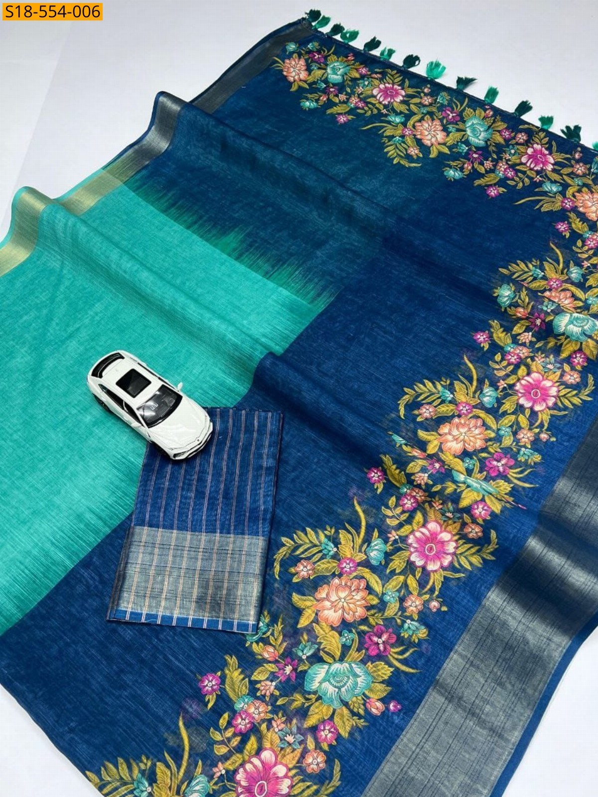 Rama Green Fancy Soft Linen Printed Sarees