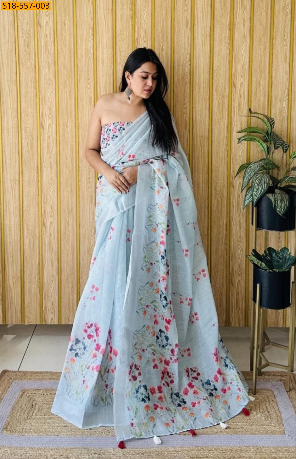 Sky blue Fancy Linen Printed Sarees