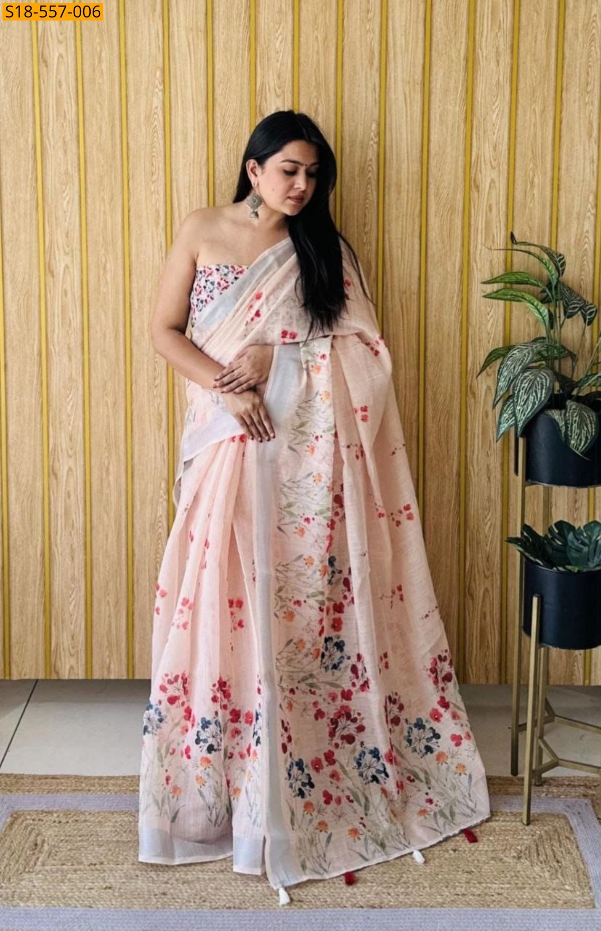 Light Peach Fancy Linen Printed Sarees