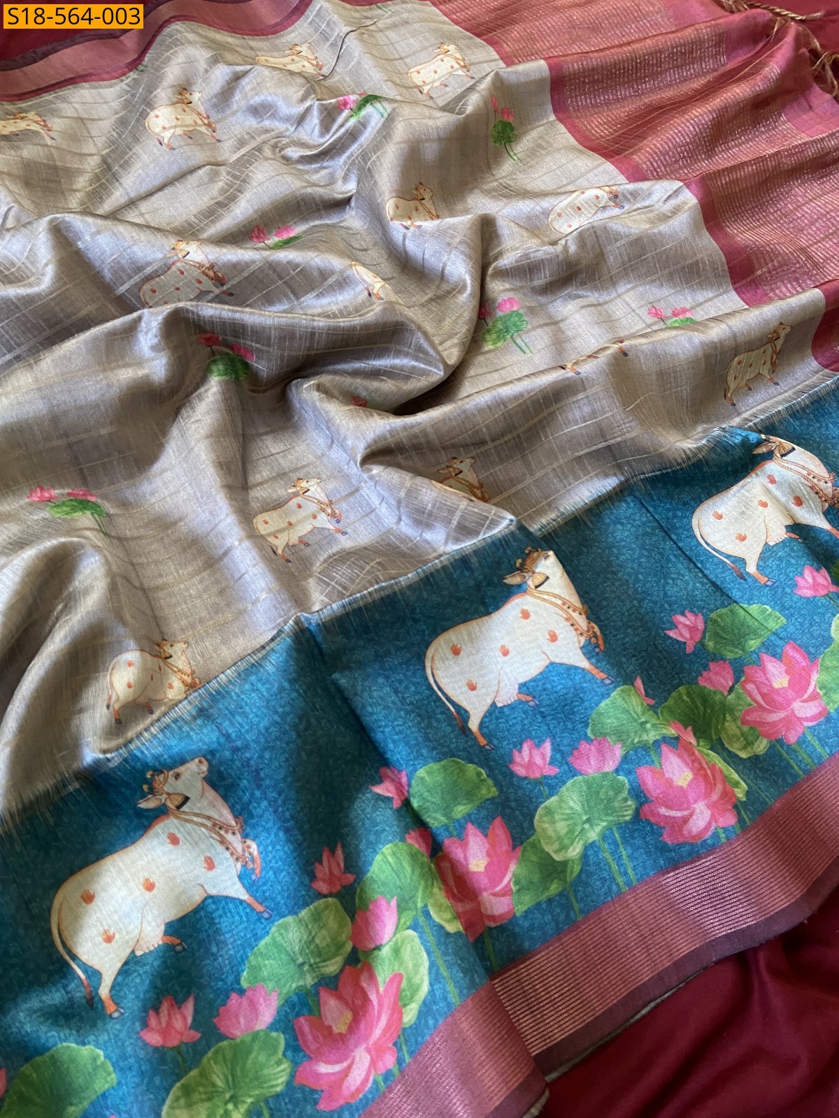 Gray Soft Semi Tussar Silk Pichwai Printed Saree