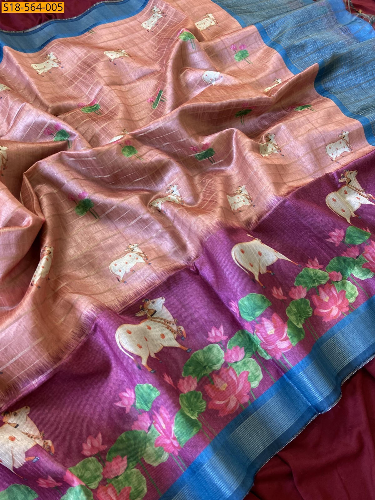 Peach Soft Semi Tussar Silk Pichwai Printed Saree