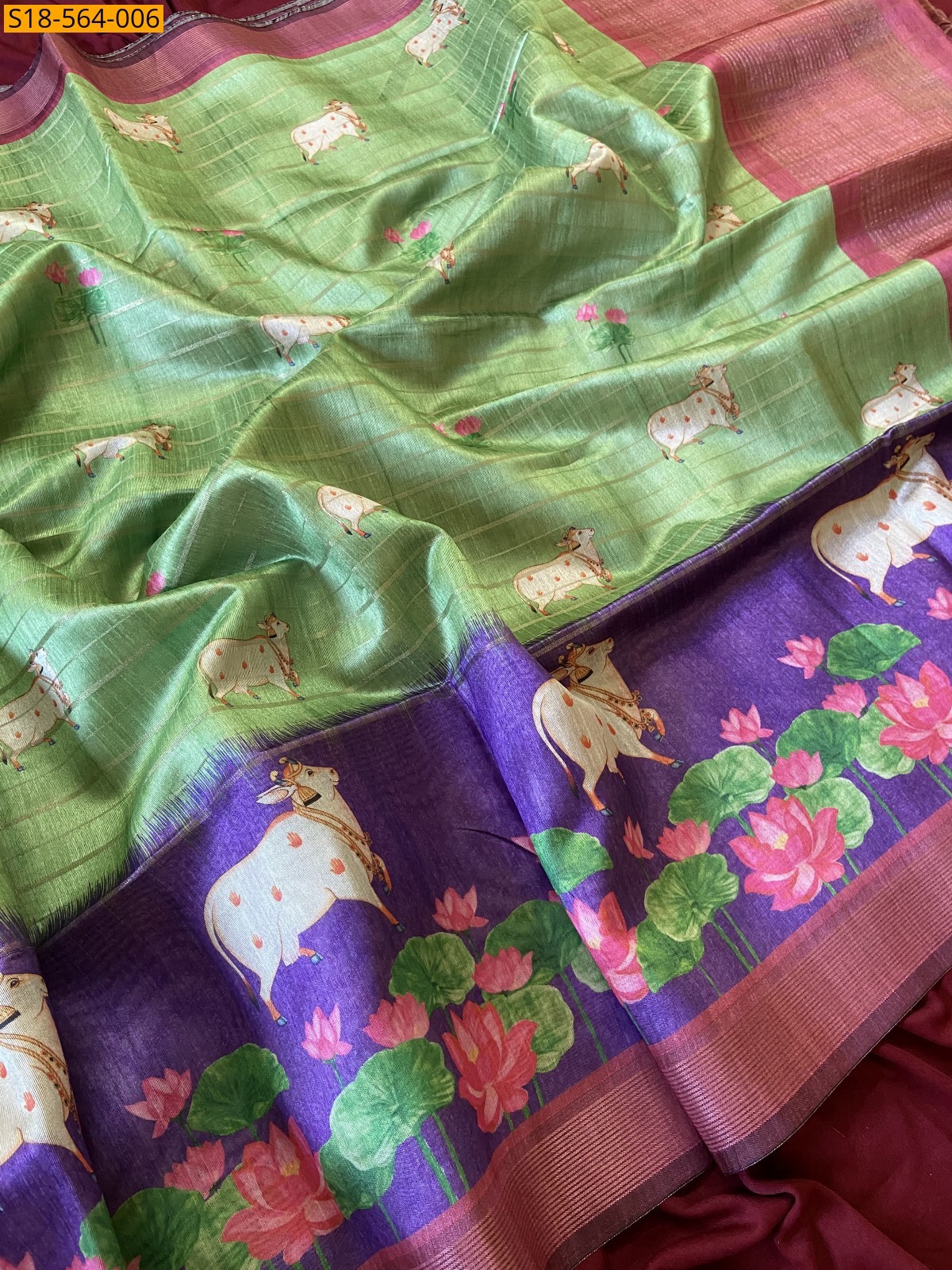 Green Soft Semi Tussar Silk Pichwai Printed Saree