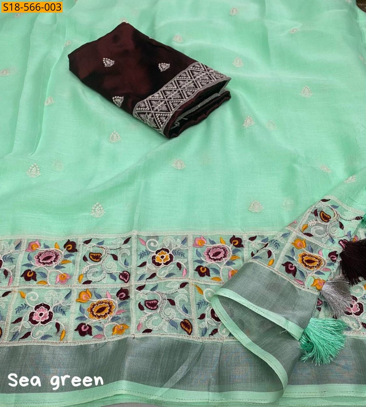 Pista green Fancy Linen Cotton saree