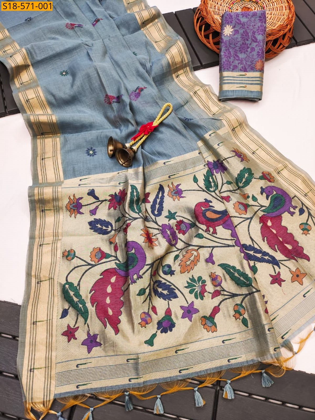 Gray Muga cotton paithani saree