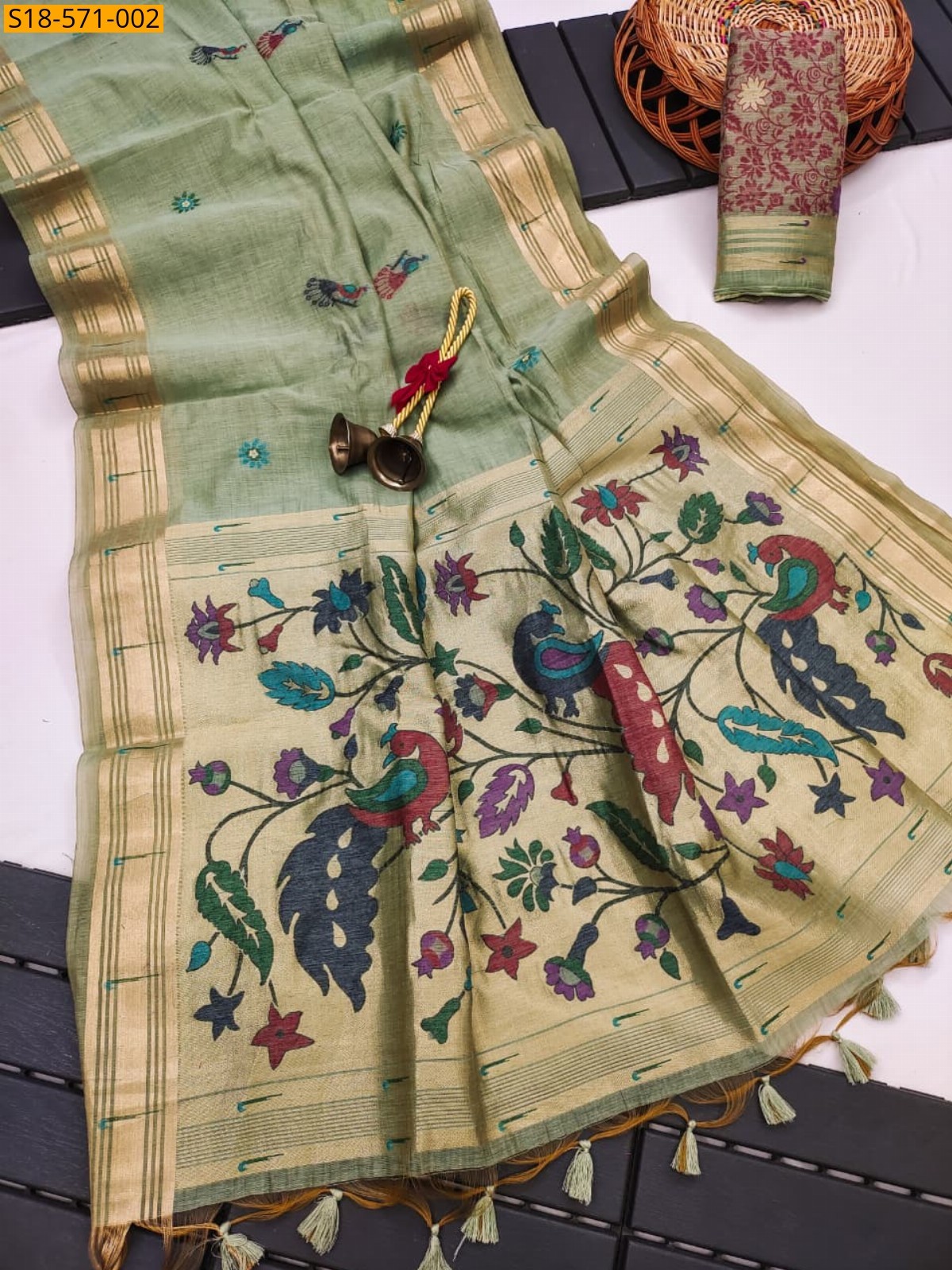 Light green Muga cotton paithani saree