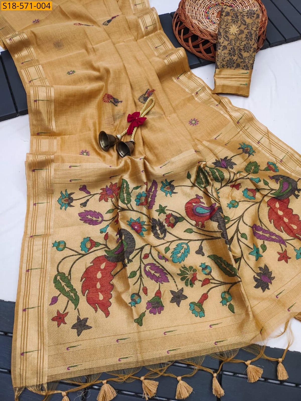 Sandal Muga cotton paithani saree