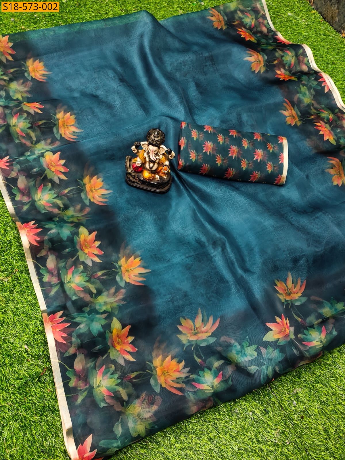 Blue Fancy Organza Digital Printed Saree