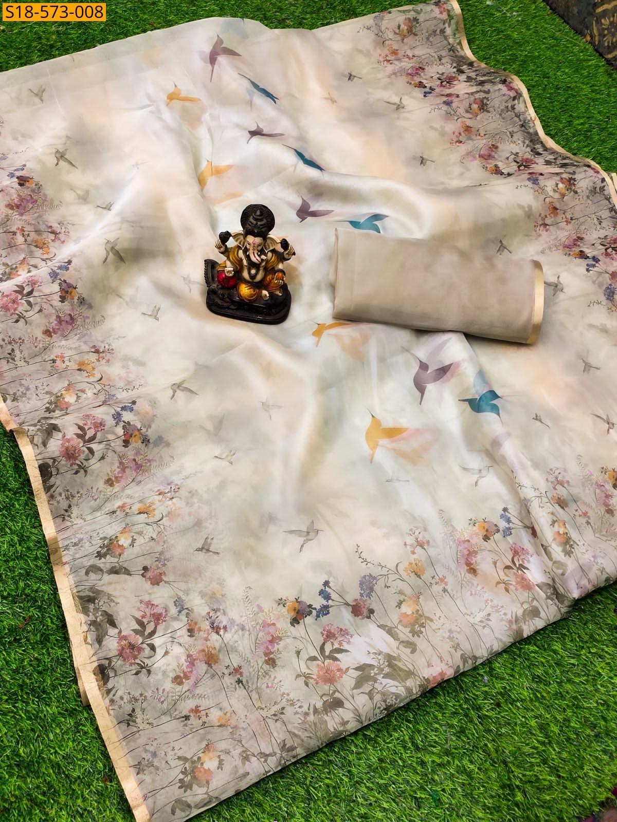 Half white Fancy Organza Digital Printed Saree