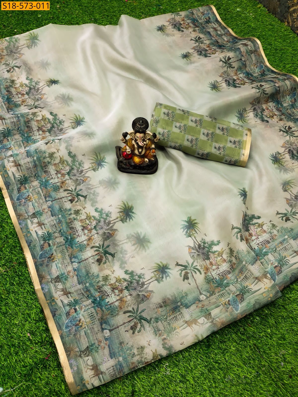 White Fancy Organza Digital Printed Saree