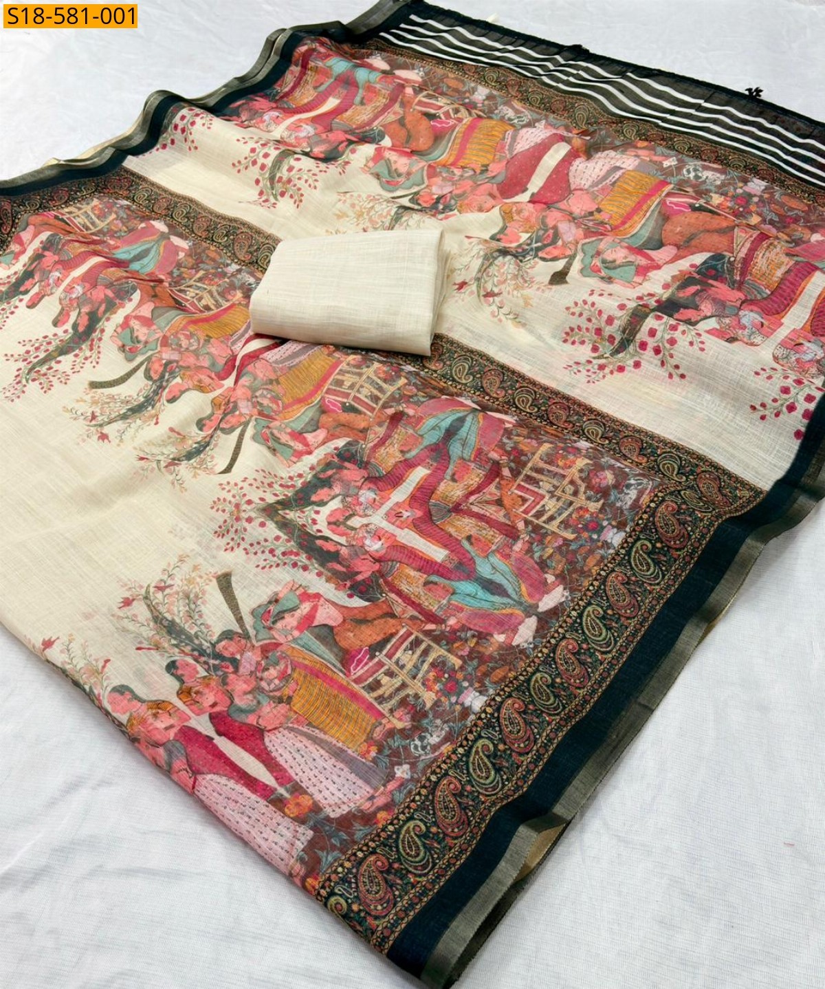 Half white Fancy Linen Printed saree