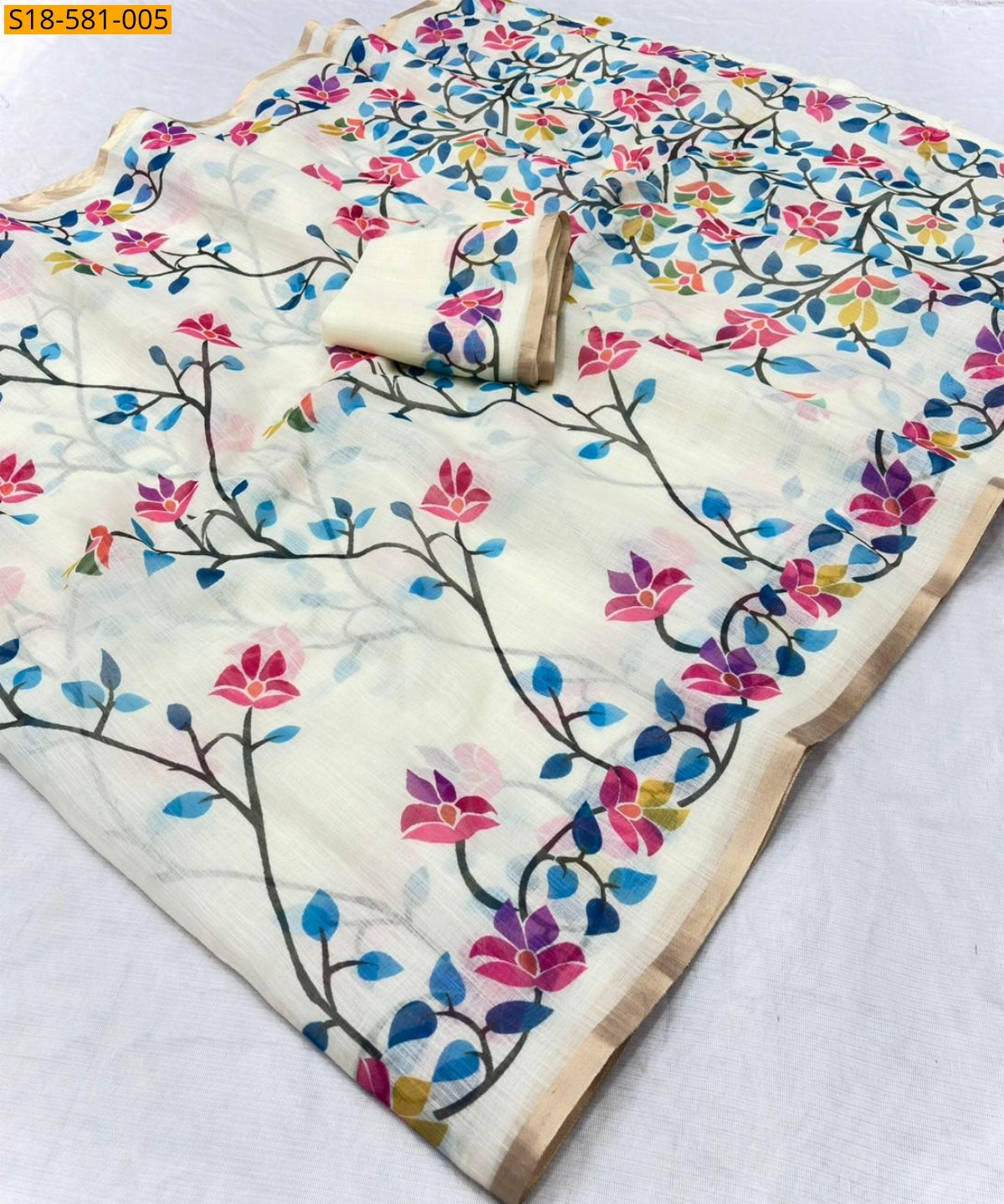 Half white Fancy Linen Printed saree