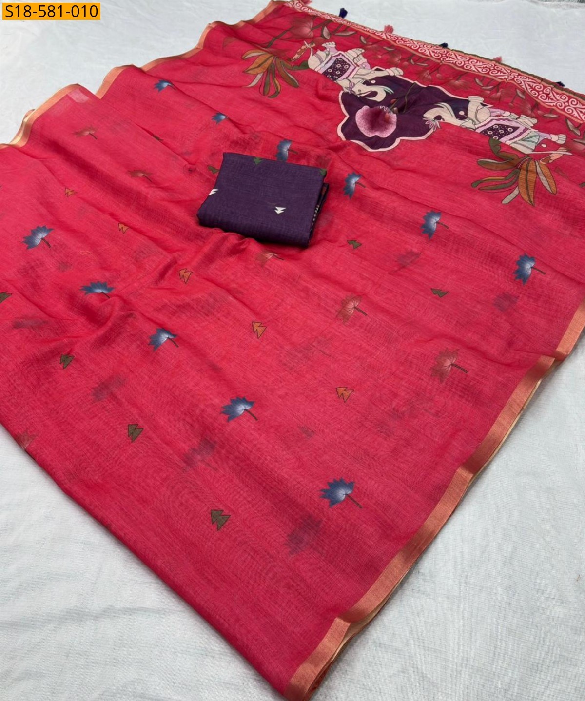 Red Fancy Linen Printed saree