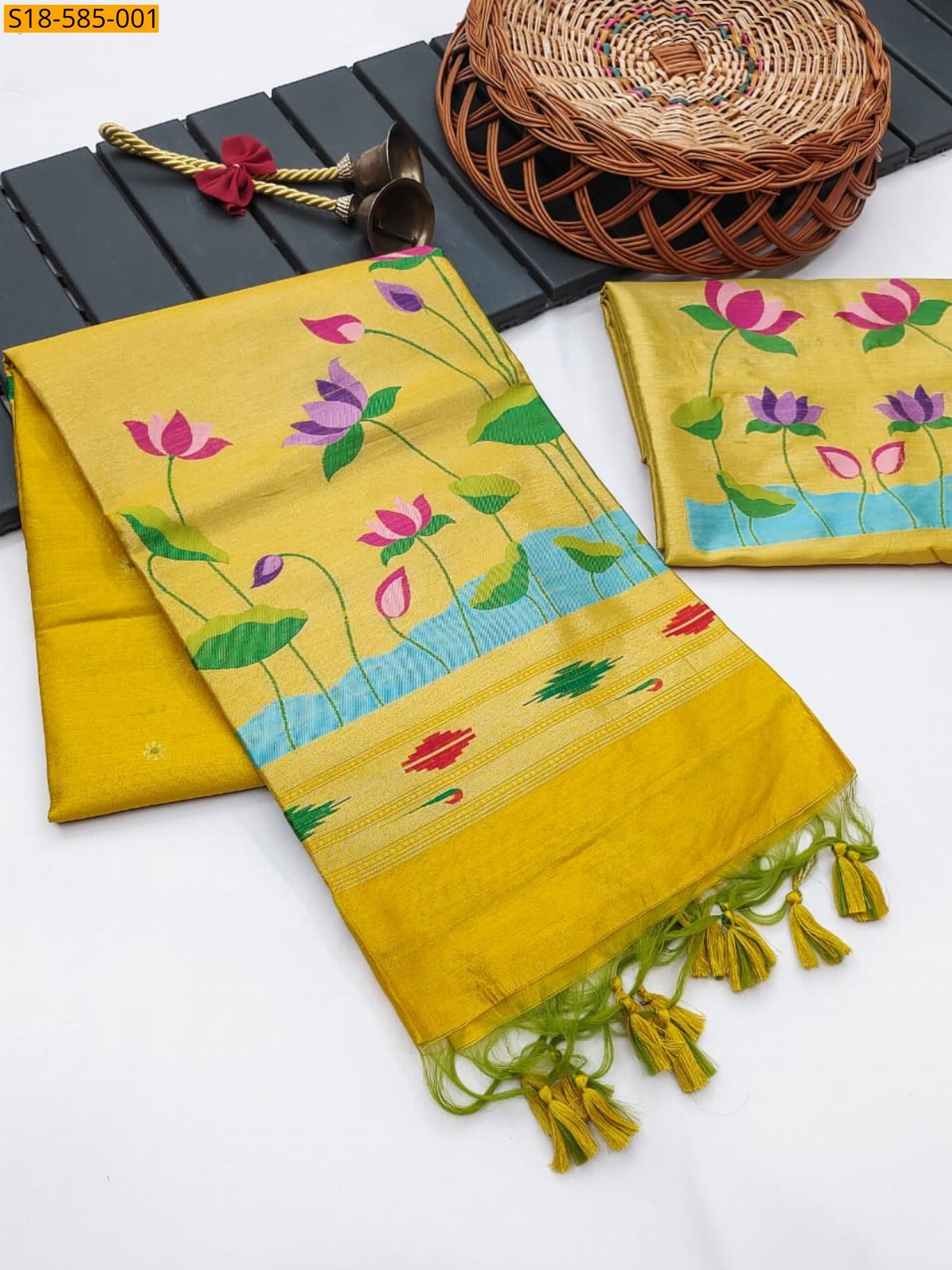 Yellow Lotus paithani khadi raw silk saree