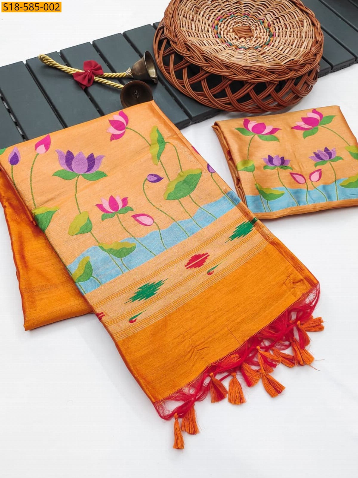 Orange Lotus paithani khadi raw silk saree