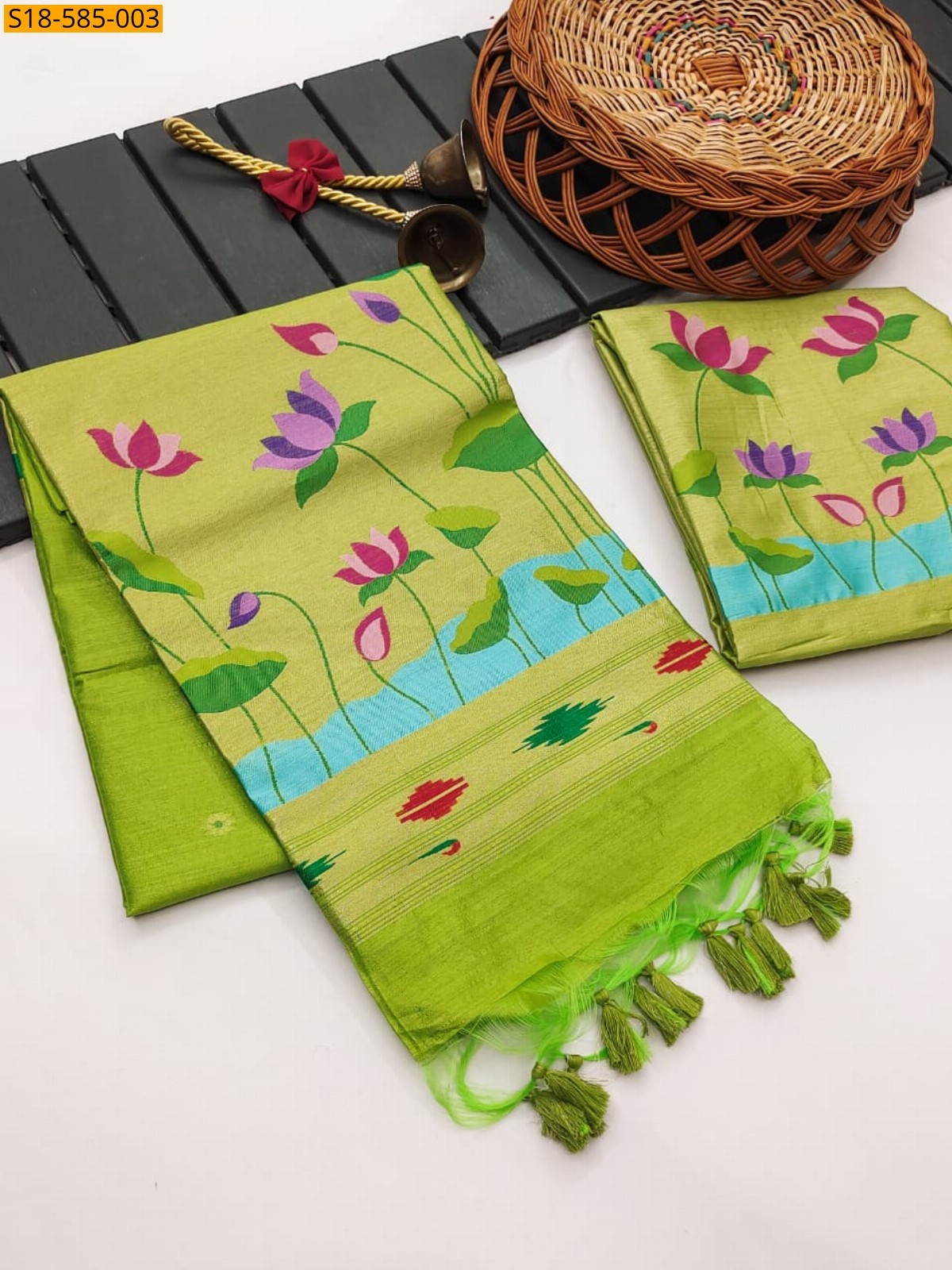 Green Lotus paithani khadi raw silk saree