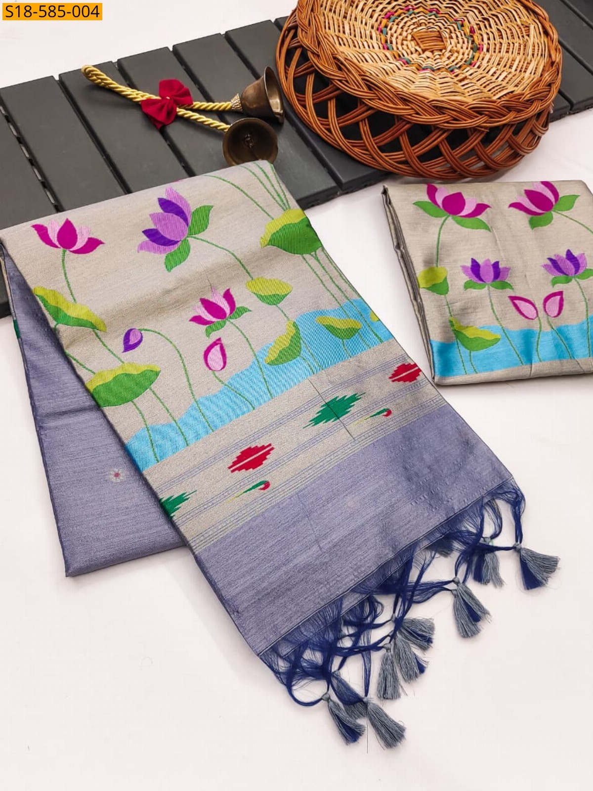 Gray Lotus paithani khadi raw silk saree