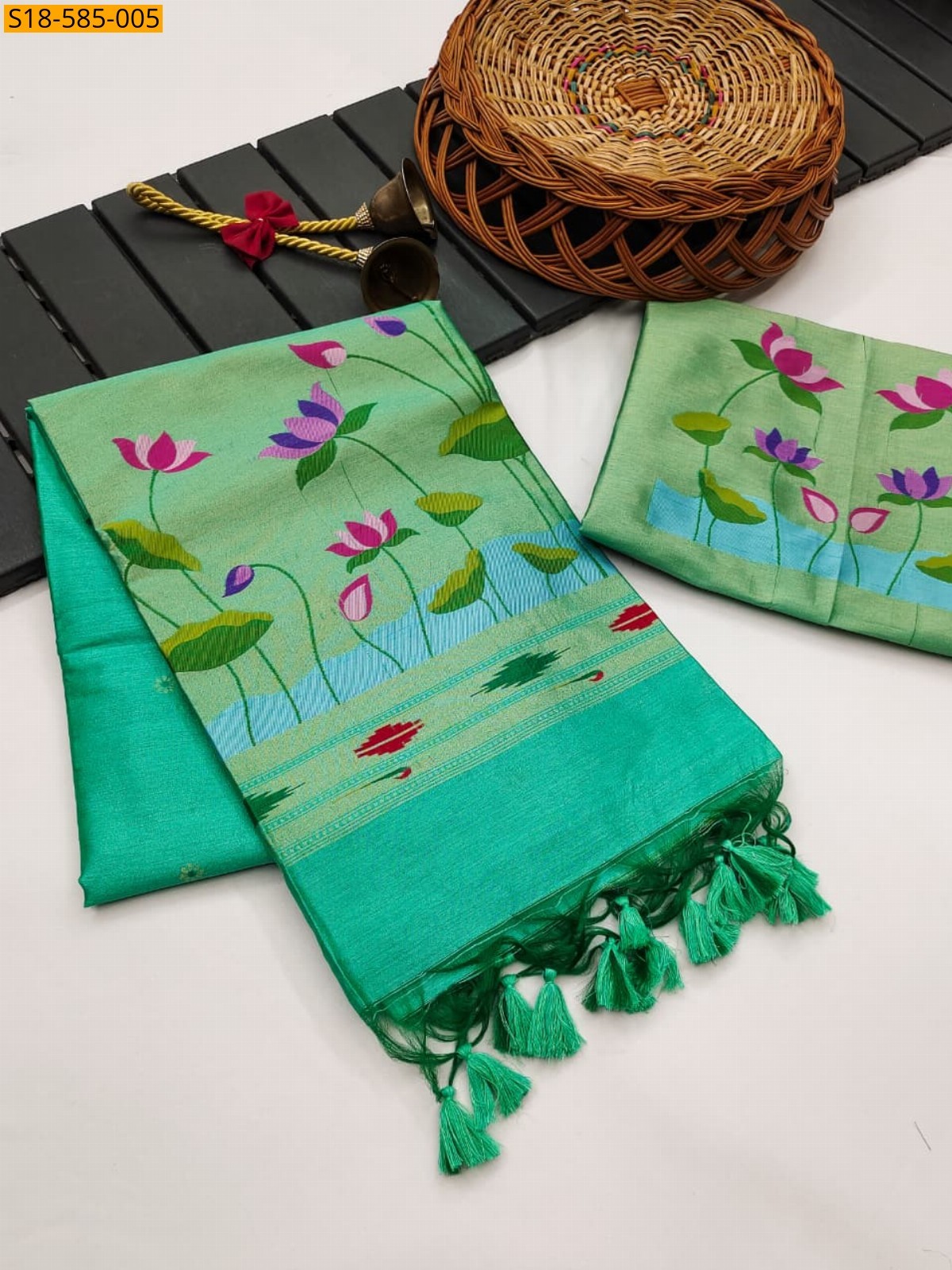 Green Lotus paithani khadi raw silk saree