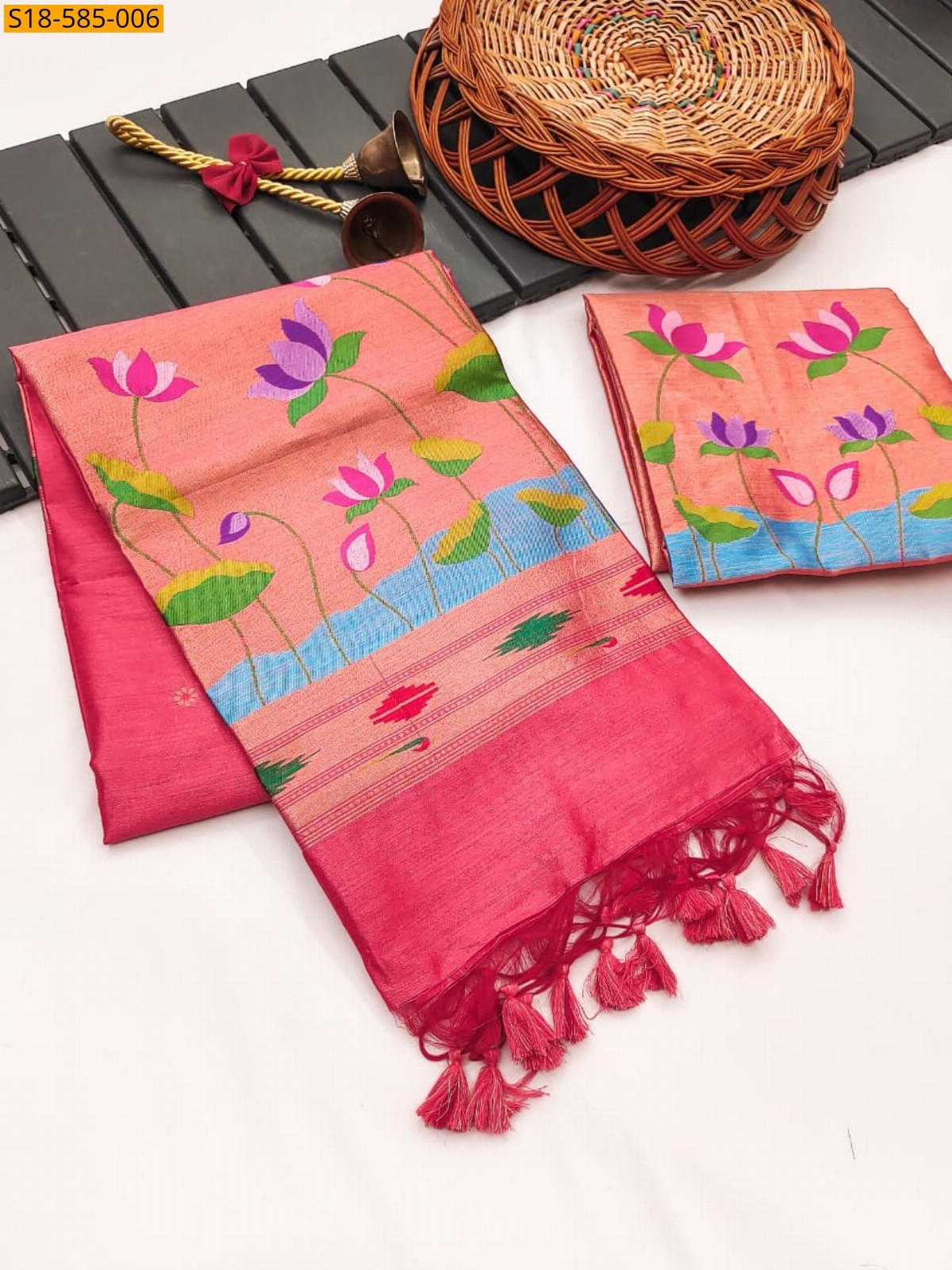 Peach Lotus paithani khadi raw silk saree
