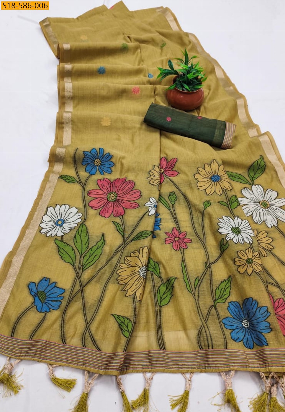 Mustard yellow Soft Muga Cotton Saree