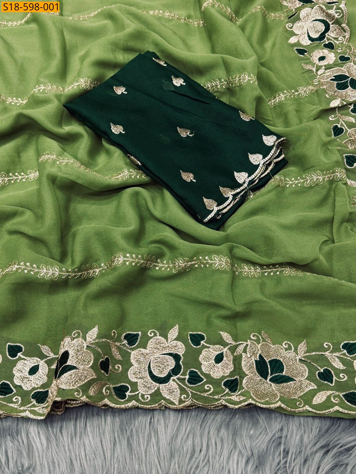Green Star Georgette Embroidery Saree