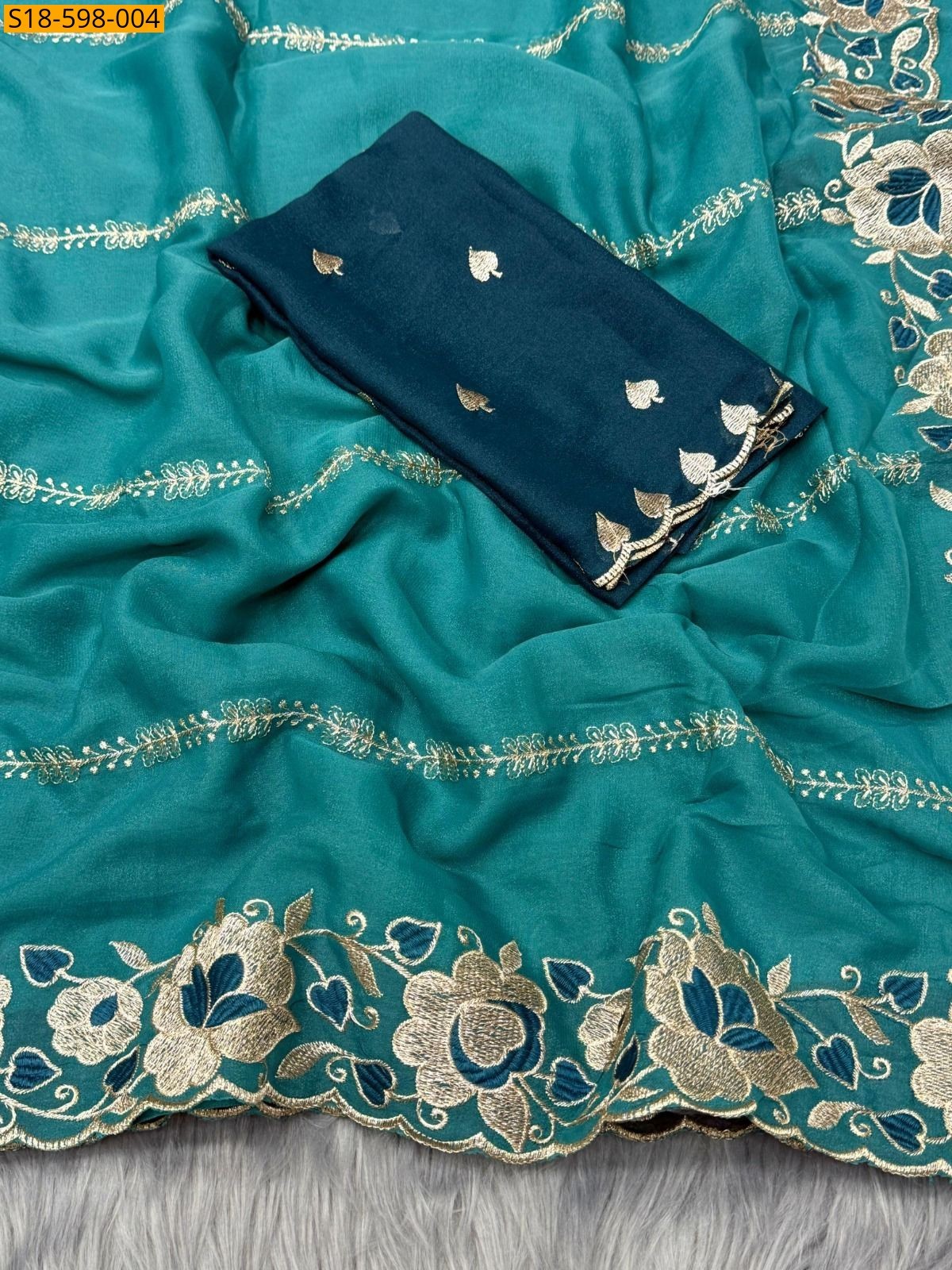 Green Star Georgette Embroidery Saree