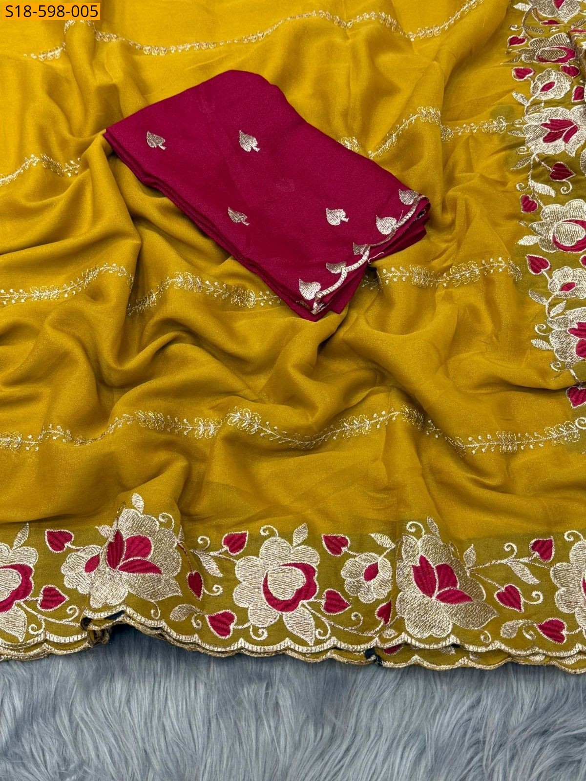 Yellow Star Georgette Embroidery Saree
