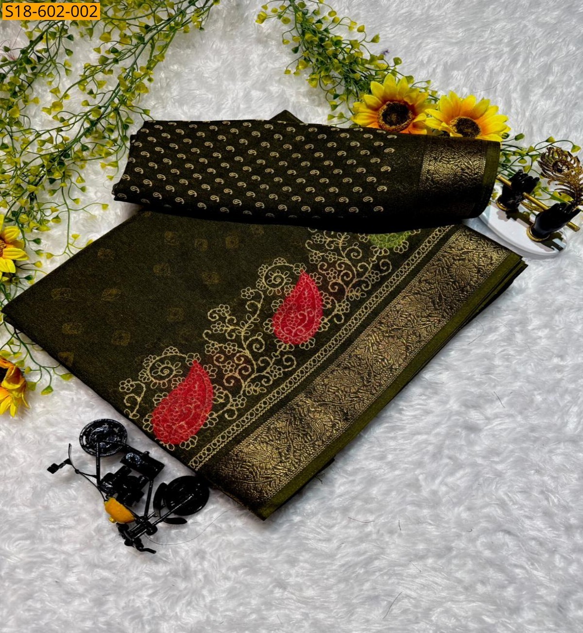 Olive Green Fancy dola silk Sarees
