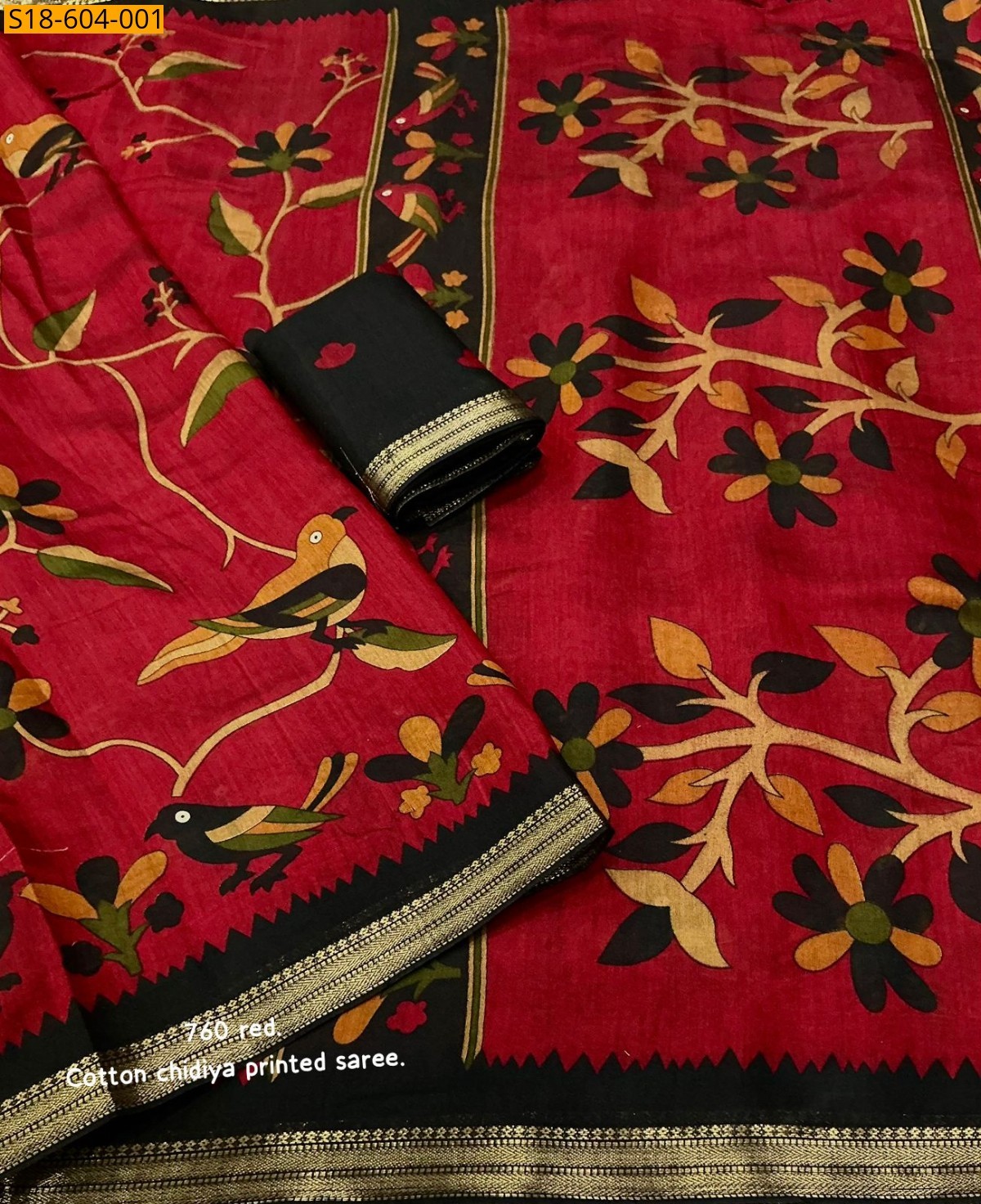 Red Fancy cotton printed Sarees