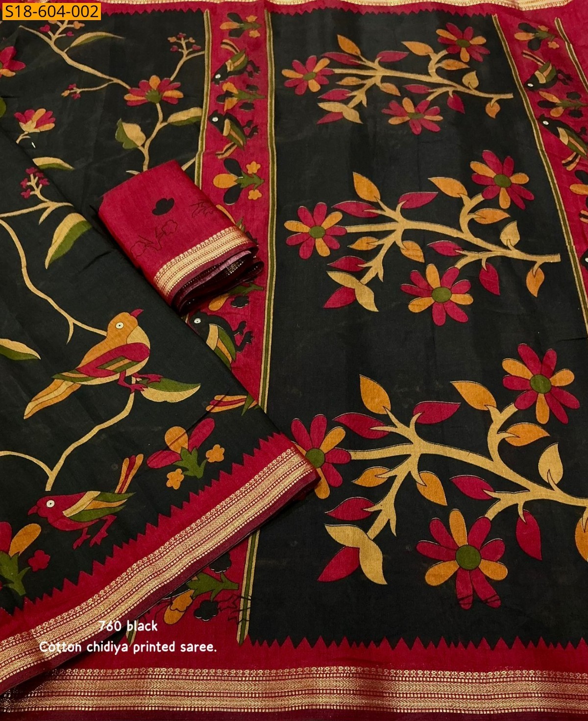 Black Fancy cotton printed Sarees