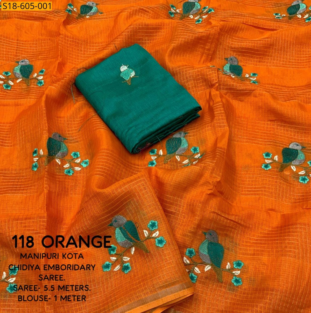 Orange Manipuri kota checks embroidery Sarees