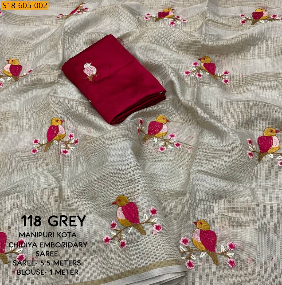 Gray Manipuri kota checks embroidery Sarees