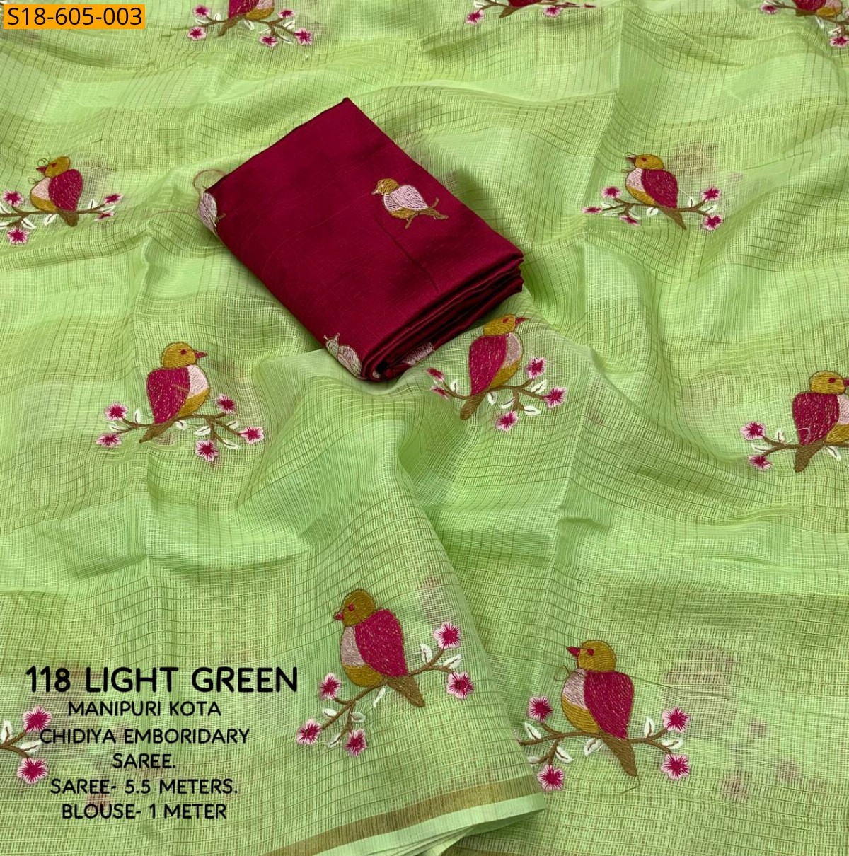 Light Green Manipuri kota checks embroidery Sarees