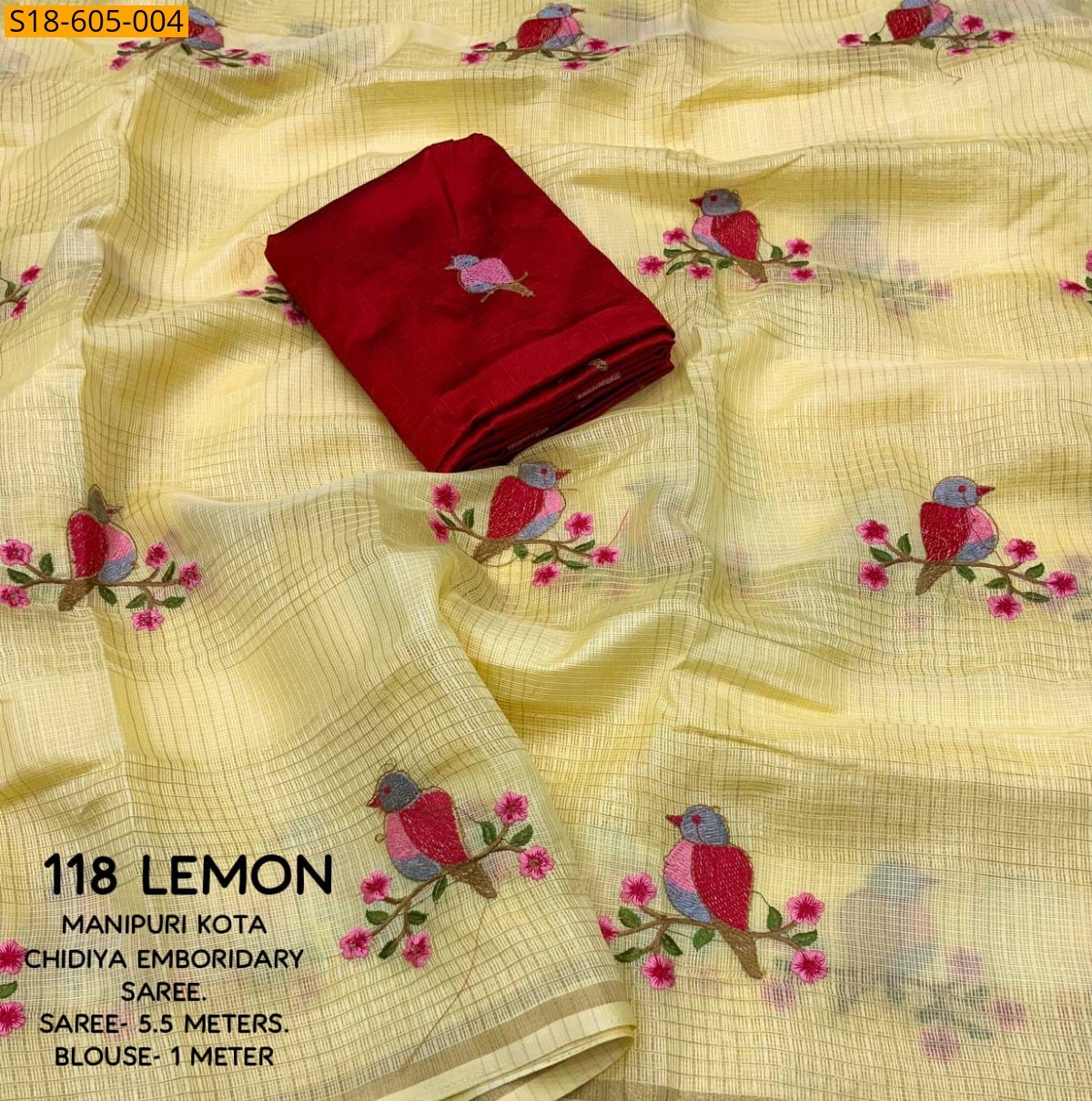 Lemon yellow Manipuri kota checks embroidery Sarees