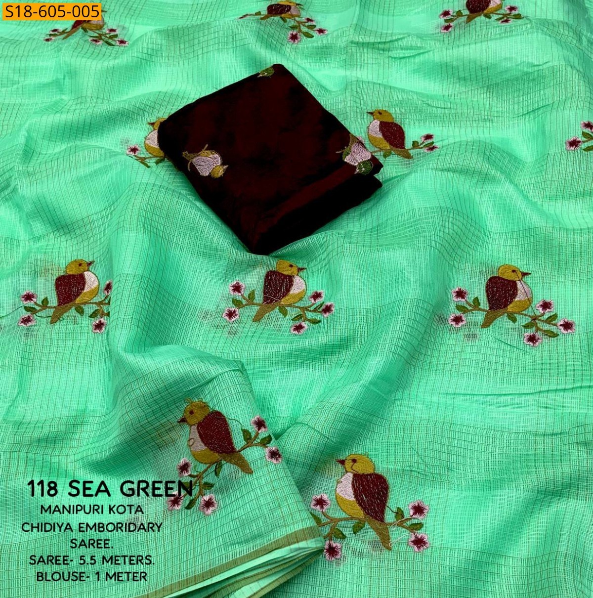Sea Green Manipuri kota checks embroidery Sarees