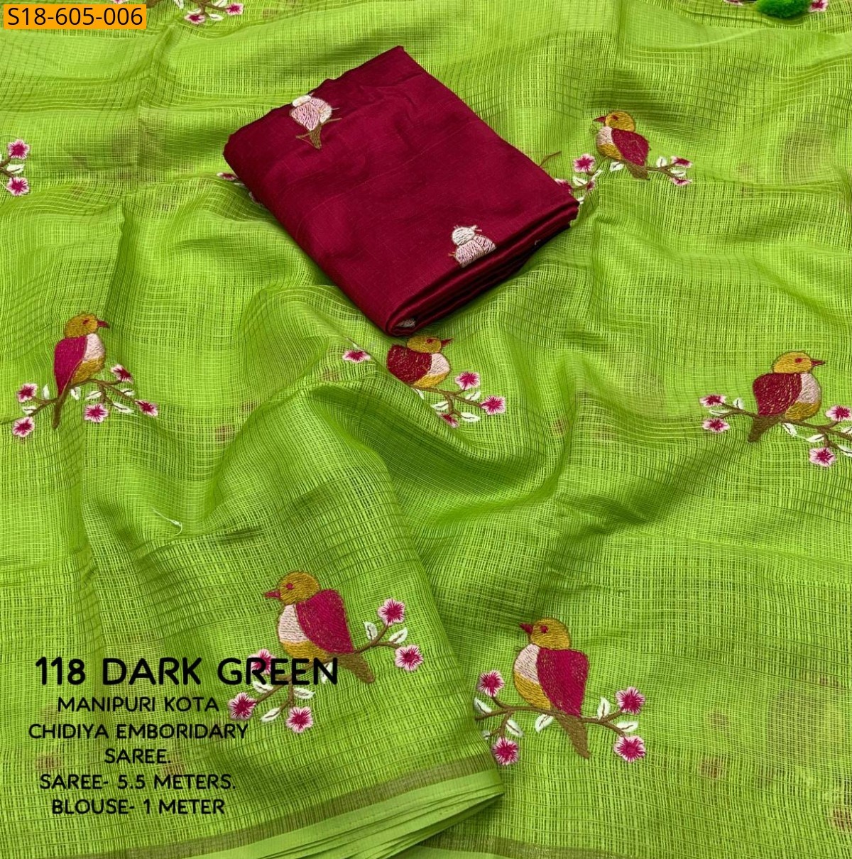 Dark Green Manipuri kota checks embroidery Sarees