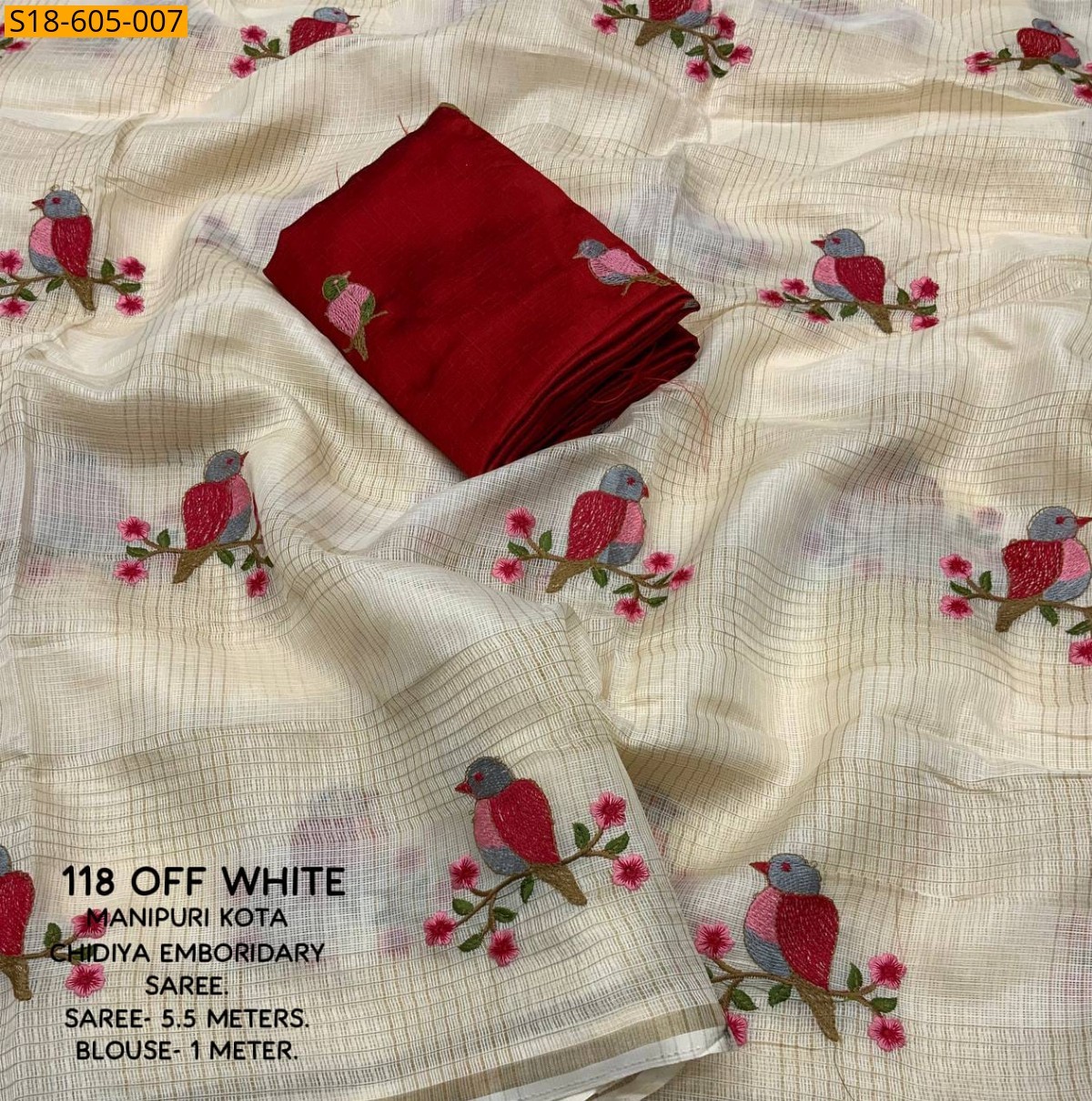 Half White Manipuri kota checks embroidery Sarees