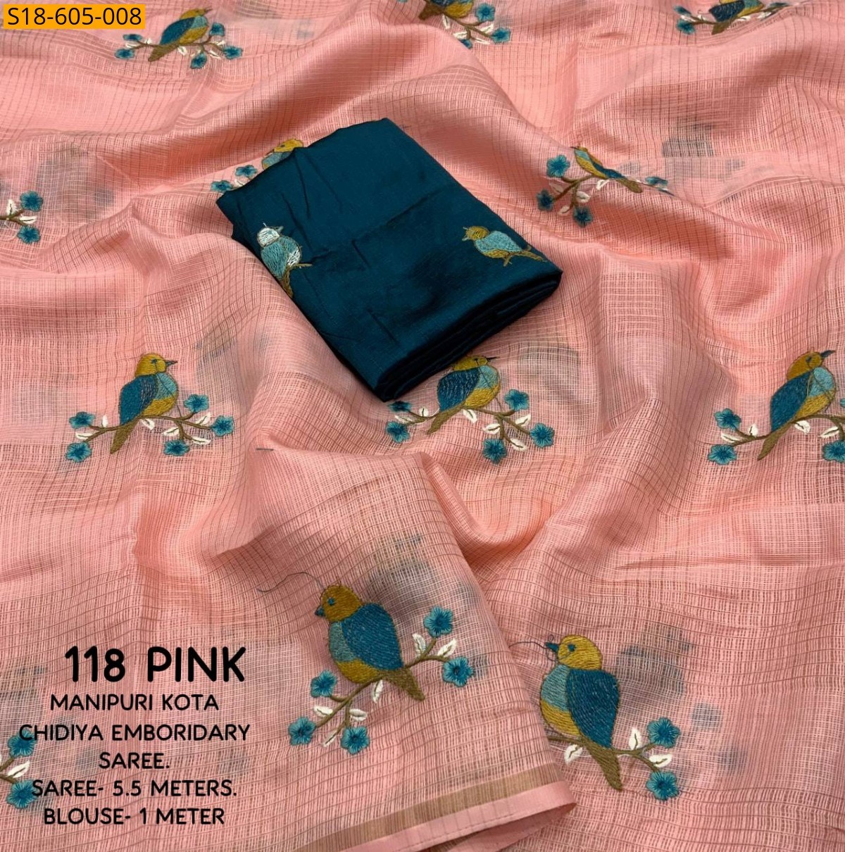 Pink Manipuri kota checks embroidery Sarees