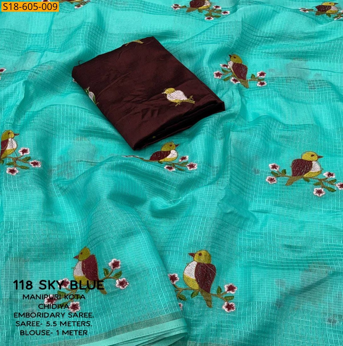 Sky Blue Manipuri kota checks embroidery Sarees